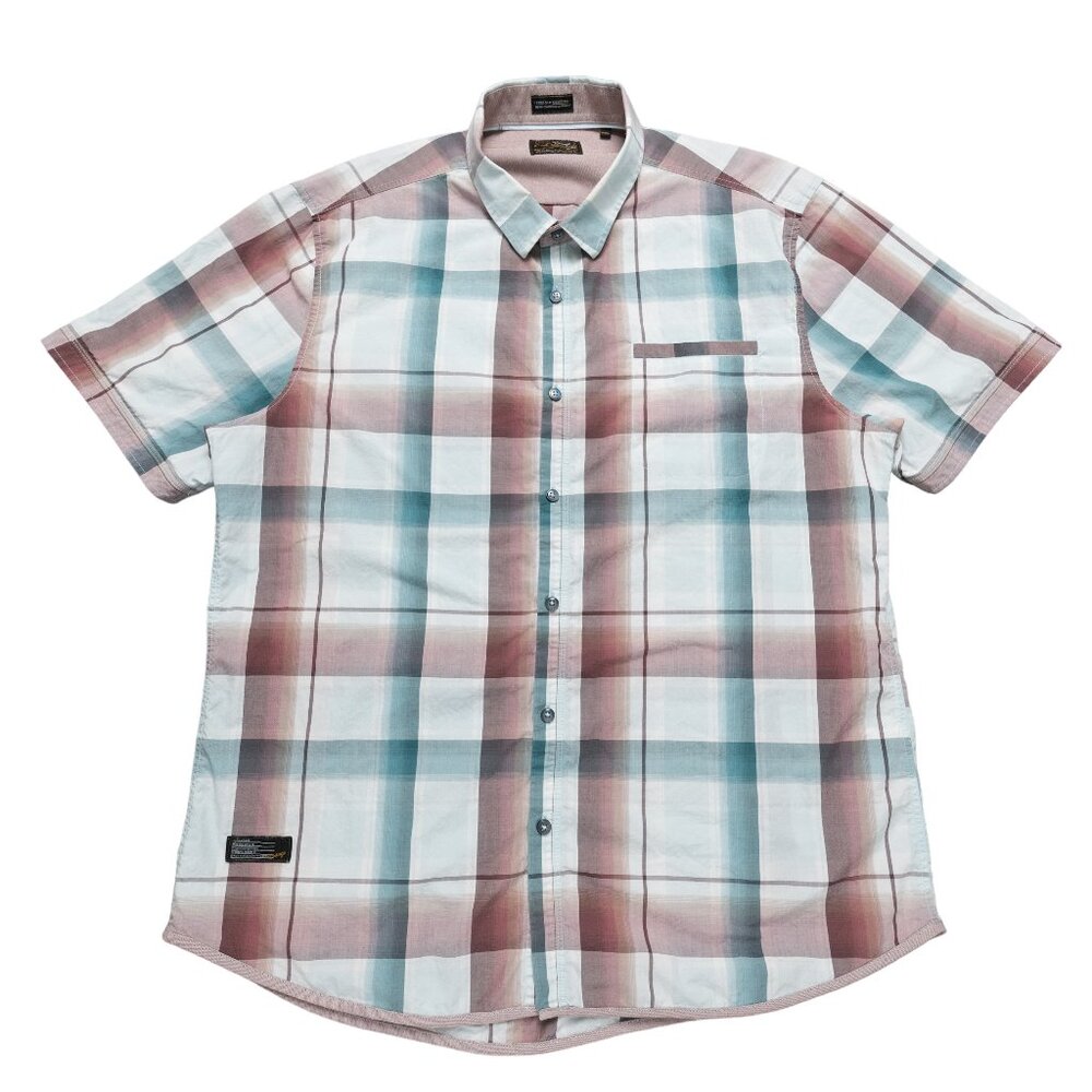 7Diamonds Short Sleeve Button Down Shirt Mens Size 2XL Blue Brown Plaid Casual